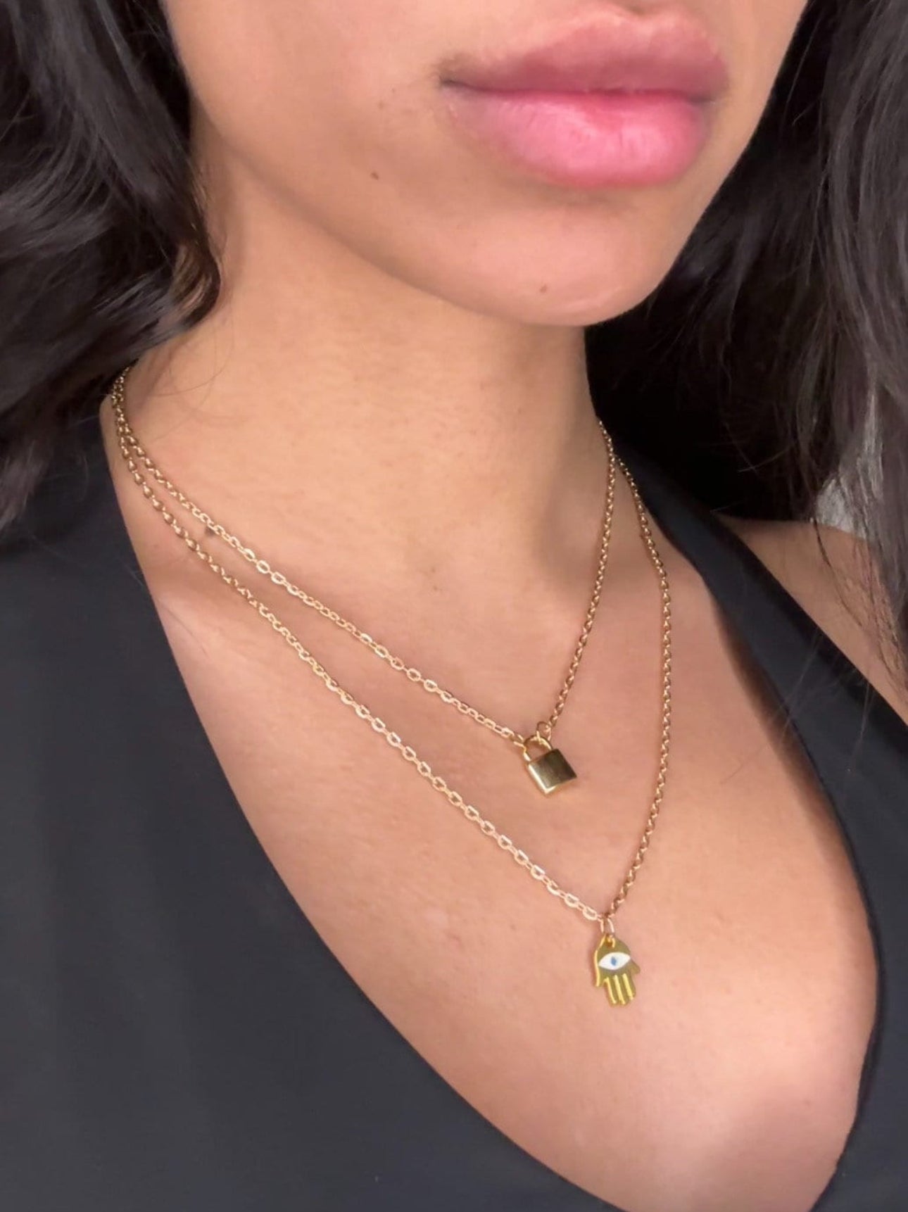 Gold Double Layer Hamsa and Lock Charm Necklace