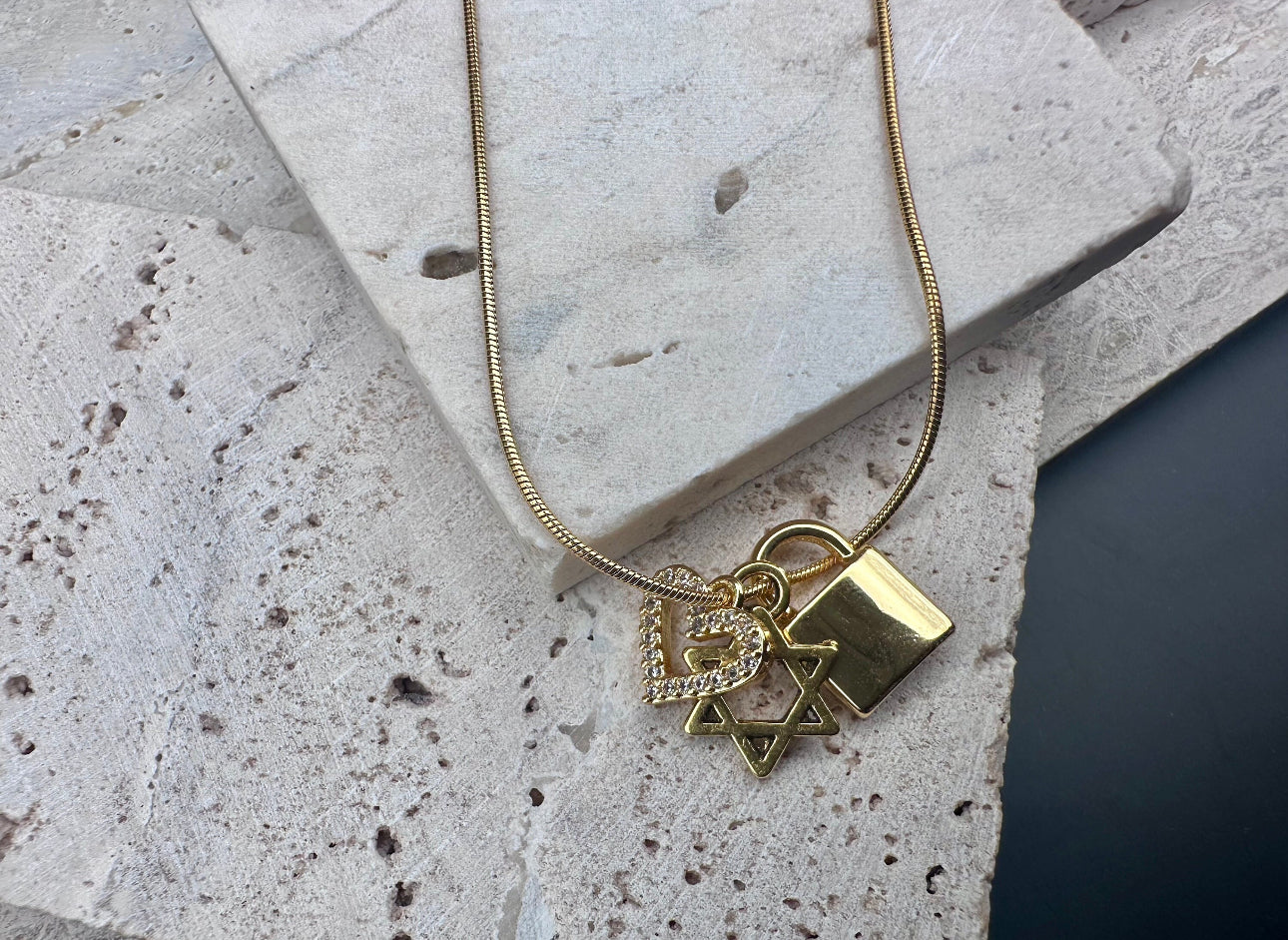 Gold Magen David Star of David , Diamond Heart and Lock Charm Necklace / Choker , length adjustable chain