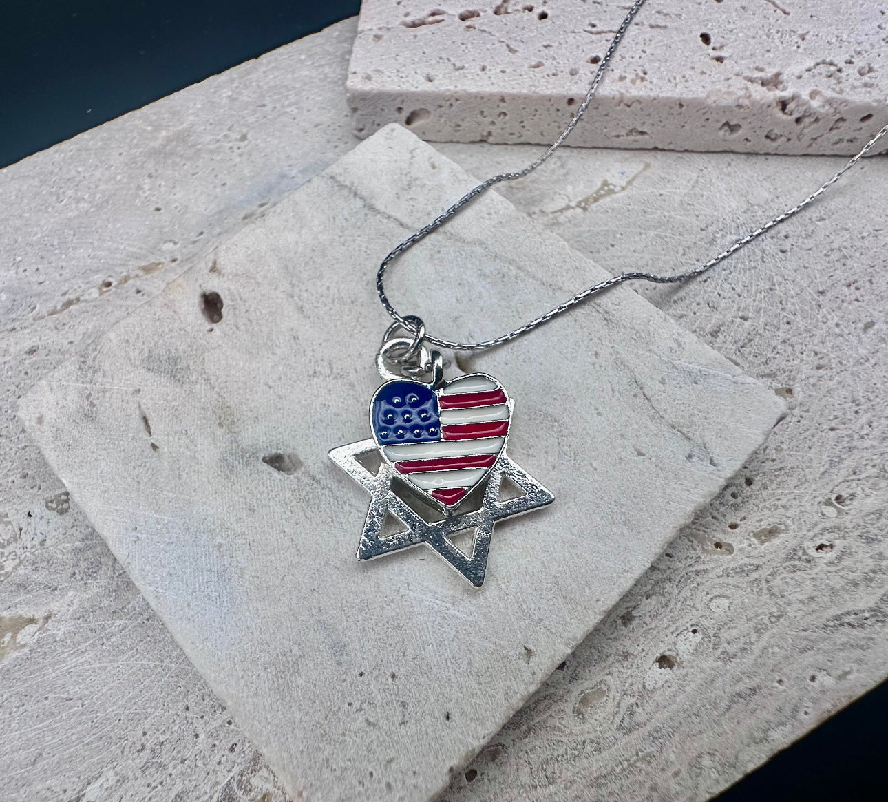 Silver Magen David Star of David and American Flag Heart Charm Necklace , 16’ 0.6mm Chain