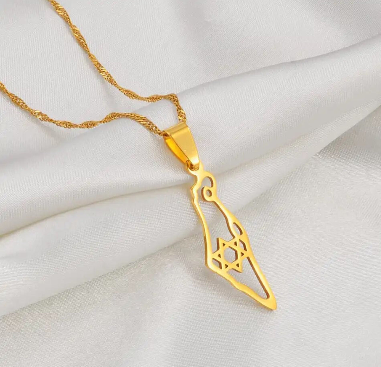 Women’s Gold Necklace , map of Israel with Jewish Star Magen David