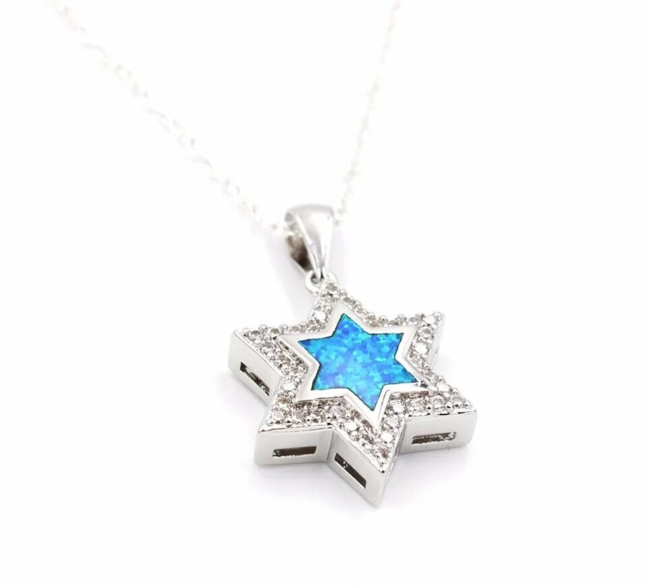 Blue Magen David Fire Opal Stone with Crystals Necklace Star of David