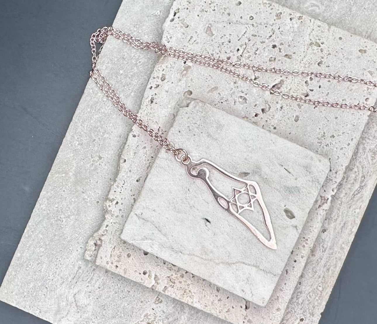 Women’s Rose Gold Necklace , map of Israel with Jewish Star Magen David